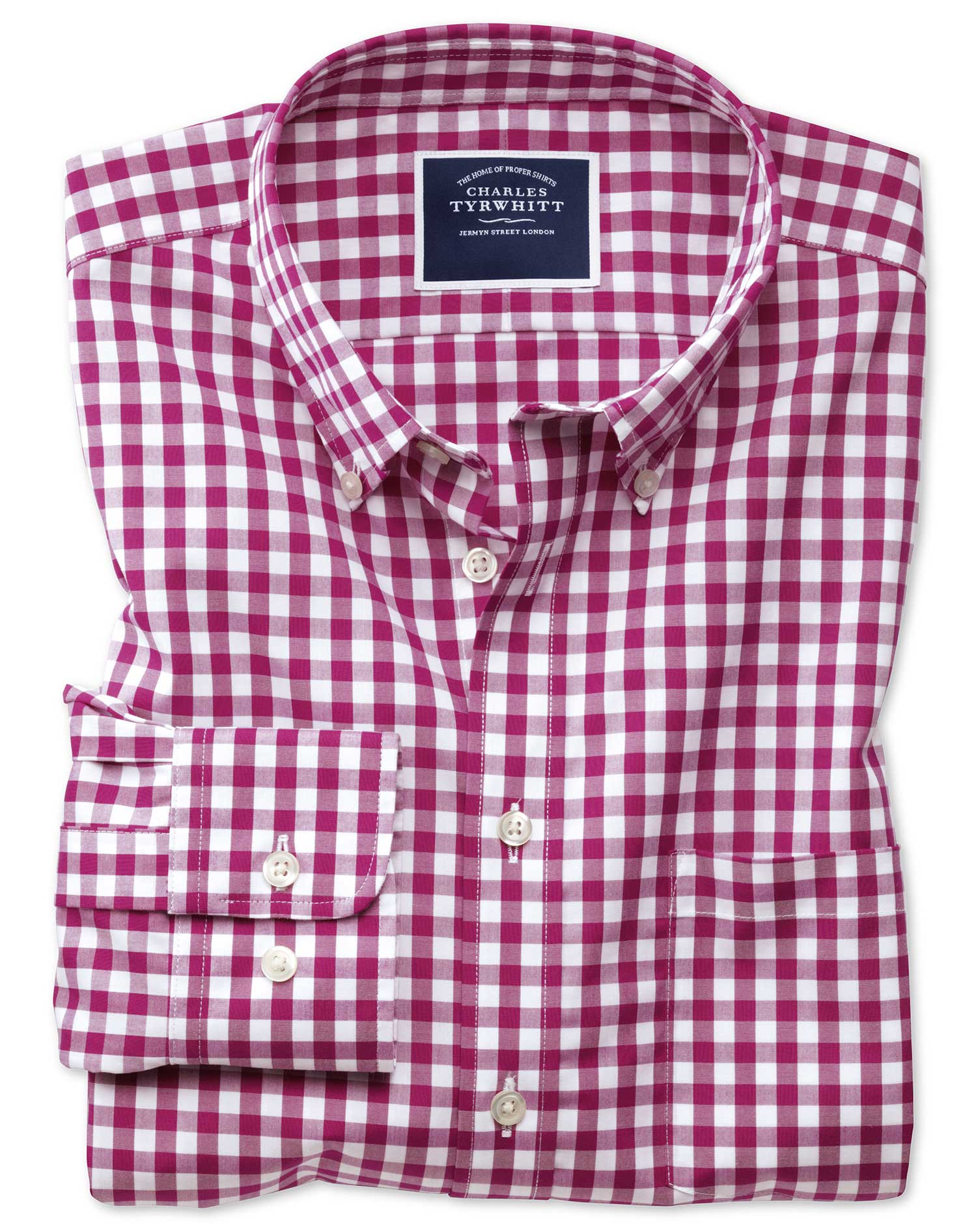Classic fit button-down non-iron poplin red gingham shirt | Charles ...